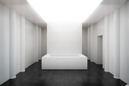 White exhibition interior with empty concrete pedestal. Gallery concept. Mock up, 3D Renderingの写真素材