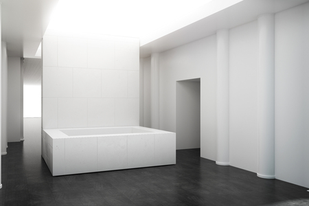 Bright exhibition interior with empty concrete pedestal. Gallery concept. Mock up, 3D Renderingの写真素材