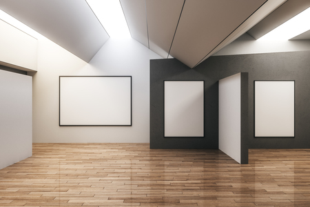 Modern concrete exhibition hall interior with empty poster and wooden floor. Gallery and museum concept. Mock up, 3D Renderingの写真素材