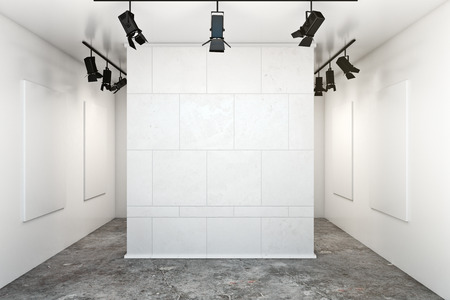 Modern exhibition hall with empty copy space on concrete tile wall surrounded with lamps. Museum concept. Mock up, 3D Renderingの写真素材