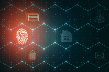 Abstract glowing finger print interface with hexagonal grid. Access and touch ID concept. 3D Renderingの写真素材