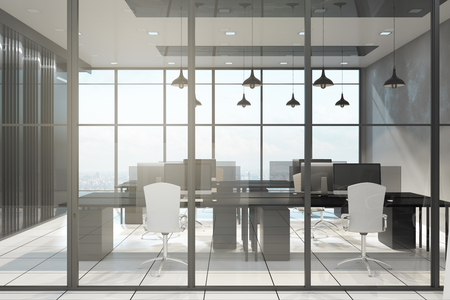 Minimalistic office interior with furniture, equipment and window with panoramic city and sky view. Design concept. 3D Renderingの写真素材