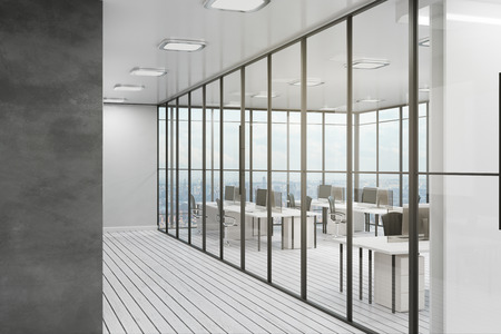 Clean coworking office interior with city view, furniture and daylight. 3D Renderingの写真素材