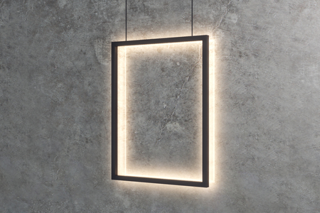 Empty illuminated poster on concrete wall background. Gallery concept. Mock up, 3D Renderingの写真素材
