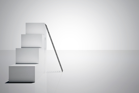 Abstract concrete stairs with ladder on white background. Success and promotion concept. 3D Renderingの写真素材