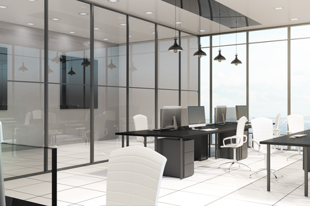 Luxury office interior with furniture, equipment and window with panoramic city and sky view. Design concept. 3D Renderingの写真素材