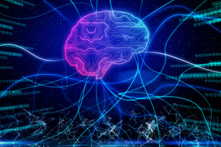 Glowing digital brain on abstract binary code background. Artificial intelligence and software concept. 3D Renderingの写真素材