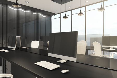 Blank computer screen in modern office interior. Workplace concept. Mock up, 3D Renderingの写真素材