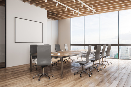 Modern meeting room interior with empty poster on concrete wall, furniture, wooden floor and panoramic city with sky view. 3D Renderingの写真素材