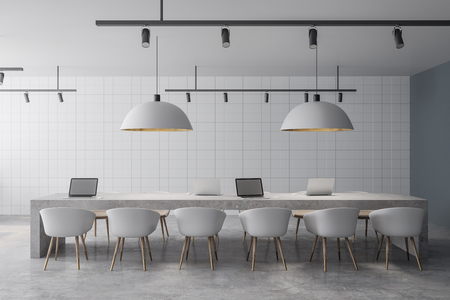 Luxury concrete meeting room interior with furniture and lamps. 3D Renderingの写真素材