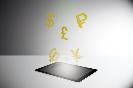 Touchpad with creative money signs on gray background. E-commerce and online transaction concept. 3D Renderingの写真素材