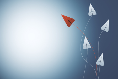 Creative paper planes on blue background. Leadership and success concept. 3D Renderingの写真素材