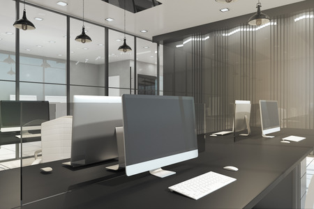 Empty computer screen in modern office interior. Workplace concept. Mock up, 3D Renderingの写真素材