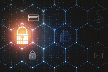 Abstract glowing padlock interface with hexagonal grid, other icons and binary code background. Safety and internet concept. 3D Renderingの写真素材