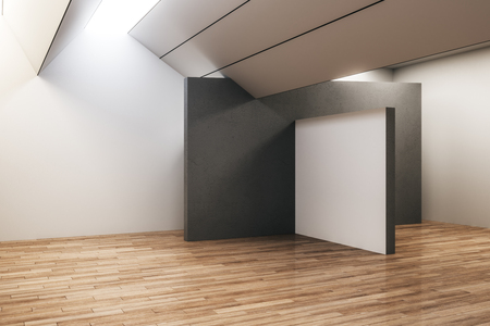 Modern concrete exhibition hall interior with empty banner and wooden floor. Gallery and museum concept. Mock up, 3D Renderingの写真素材