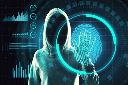 Hacker hand scanning fingerprint for ID access. Data theft and criminal concept. Double exposureの写真素材