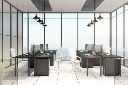 Modern office interior with furniture, equipment and window with panoramic city and sky view. Design concept. 3D Renderingの写真素材