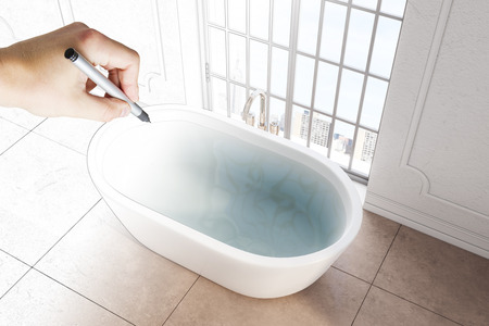 Hand drawn bathroo interior with bath tub and city view. Design and blueprint concept. 3D Renderingの写真素材