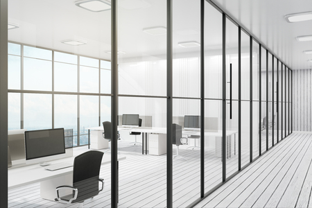 Modern coworking office interior with city view, furniture and daylight. 3D Renderingの写真素材