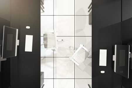 Top view of black and white office interior with workplace. 3D Renderingの写真素材