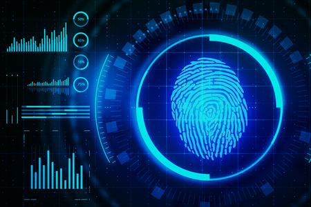 Abstract glowing finger print interface with grid. Access and protection concept. 3D Renderingの写真素材