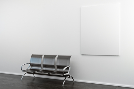 Empty banner and bench in concrete interior. Gallery and ad concept. Mock up, 3D Renderingの写真素材