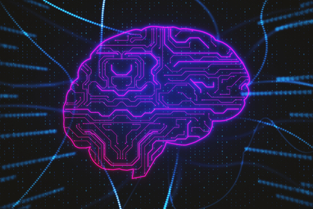 Glowing digital brain on abstract binary code background. Artificial intelligence and chip concept. 3D Renderingの写真素材