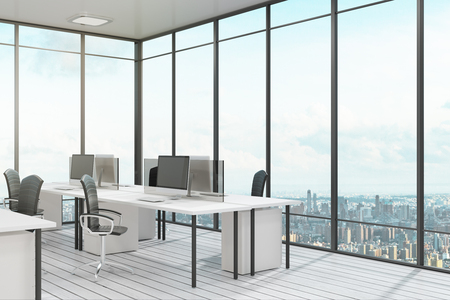 Simple coworking office interior with city view, furniture and daylight. 3D Renderingの写真素材