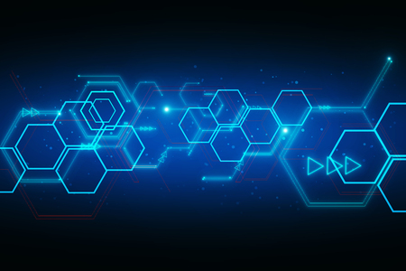 Digital business interface on blue wallpaper with hexagons. Innovation and web design concept. 3D Renderingの写真素材