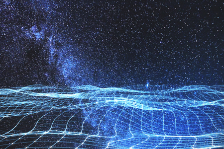 Glowing digital grid on abstract starry sky space wallpaper. Future and innovation concept. Double exposureの写真素材