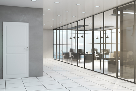 Contemporary office corridor interior with furniture, white door and window with panoramic city and sky view. Design concept. 3D Renderingの写真素材