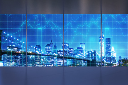 Abstract interior with night New York city view and forex chart. Office and trade concept. 3D Renderingの写真素材