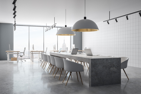 Concrete coworking office interior with panoramic New York city view and daylight. 3D Renderingの写真素材
