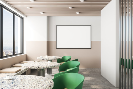 Contemporary cafe interior with empty banner, furniture and panoramic New York city view. Mock up, 3D Renderingの写真素材