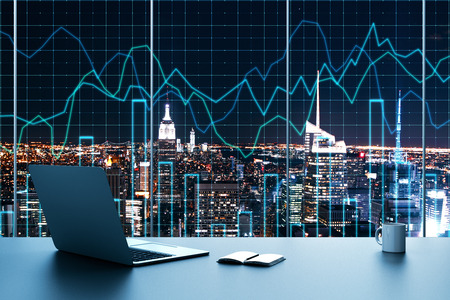 Trade and investment concept. Laptop, coffee cup and supplies on illuminated night New York city background with forex chart. 3D Renderingの写真素材