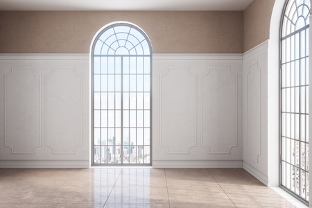 Contemporary empty classical interior with tile floor, concrete wall and window with city view. 3D Renderingの写真素材