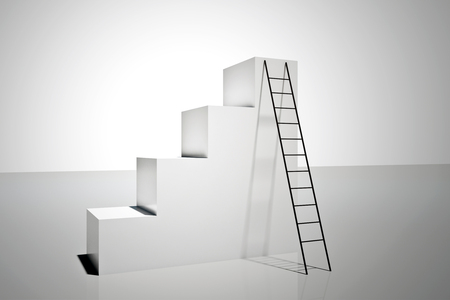 Abstract concrete stairs with ladder on white background. Success and career concept. 3D Renderingの写真素材