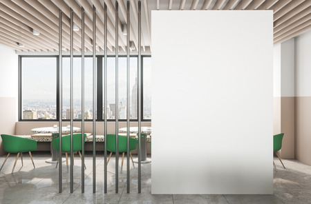 Contemporary cafe interior with empty billboard, furniture and panoramic New York city view. Mock up, 3D Renderingの写真素材