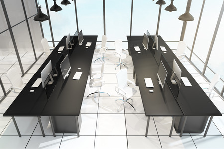 Contemporary office interior with furniture, equipment and window with panoramic city and sky view. Design concept. 3D Renderingの写真素材