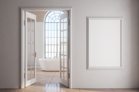 Modern bathroom interior with empty frame and window with city and sky view. Mock up, 3D Renderingの写真素材