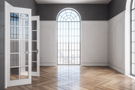 Modern empty classical interior with wooden floor, concrete wall and window with city view. 3D Renderingの写真素材