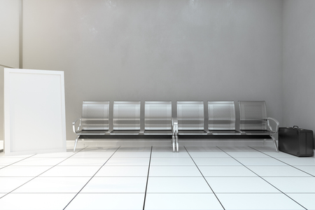 Metal bench and poster in concrete room with unattended suitcase. Attack and ad concept. Mock up, 3D Renderingの写真素材