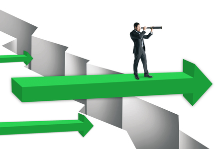 Businessman with telescope standing on green arrow over gap. Challenge and research concept.の写真素材