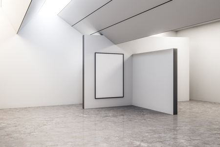 Clean concrete exhibition hall interior with copyspace and gray floor. Gallery concept. Mock up, 3D Renderingの写真素材