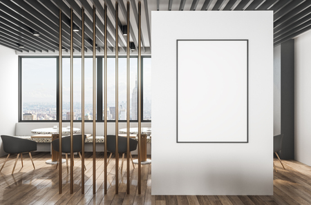 Modern cafe interior with empty frame, furniture and panoramic New York city view. Mock up, 3D Renderingの写真素材
