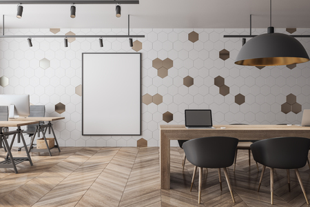 Modern meeting room interior with empty billboard on wall and wooden floor. Mock up, 3D Renderingの写真素材