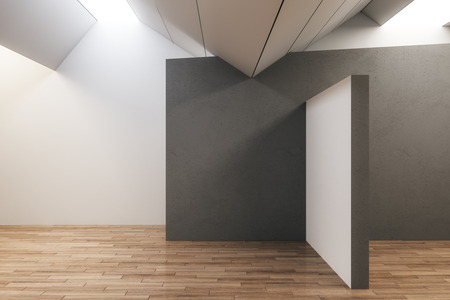 Contemporary concrete exhibition hall interior with empty copyspace and wooden floor. Gallery and museum concept. Mock up, 3D Rendering の写真素材