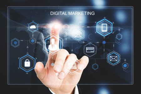 Hand pointing at digital business interface on blurry background. Marketing and media concept. Double exposure の写真素材