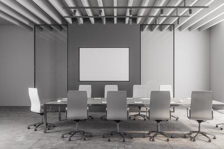 Modern grey concrete meeting room interior with furniture and poster on wall. Mock up, 3D Rendering の写真素材