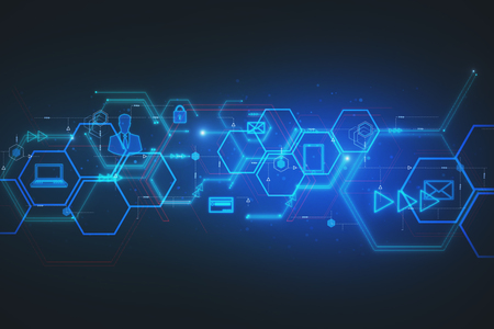 Digital business interface on blue wallpaper with hexagons. Innovation and web design concept. 3D Renderingの写真素材